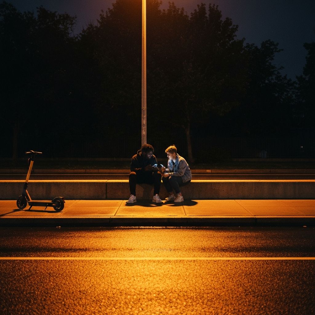 two people on a curb at night from across the street, streetlight glow, silhouettes