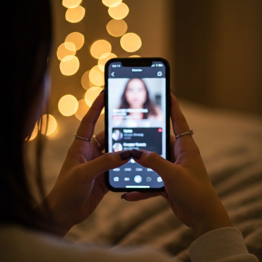 close-up of hands scrolling a phone, fairy light bokeh in dark background