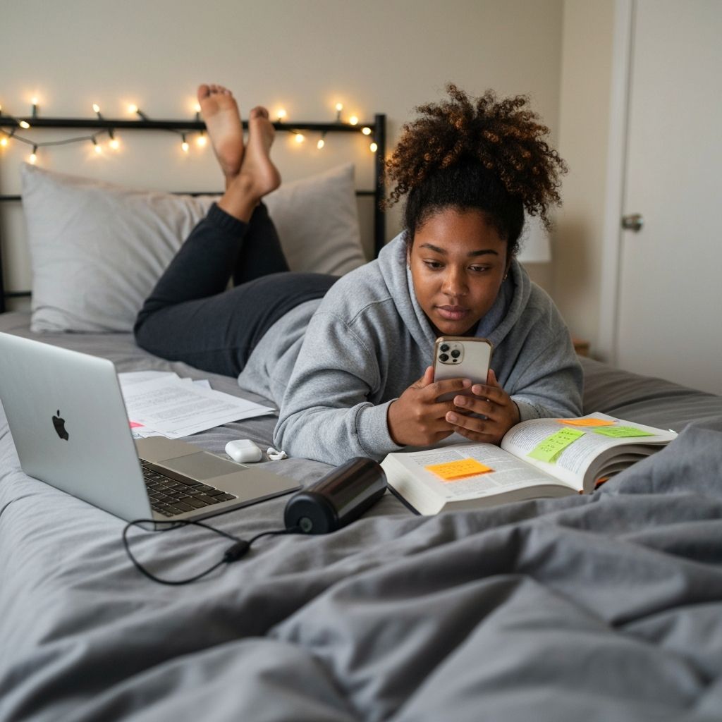 college student sitting cross-legged on bed with laptop, smirking at phone, messy room, desk lamp glow